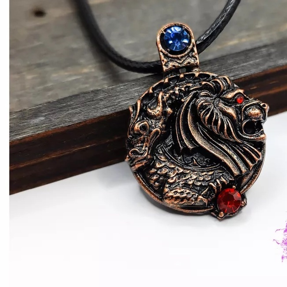 Dragon & Lion Pendant Necklace with Blue and Red Accents